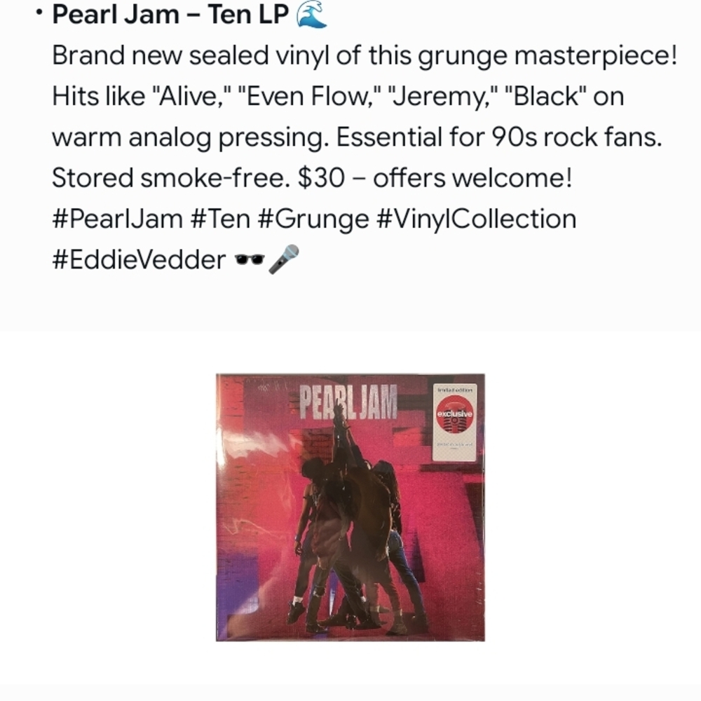 Pearl Jam - Ten LP Vinyl Record